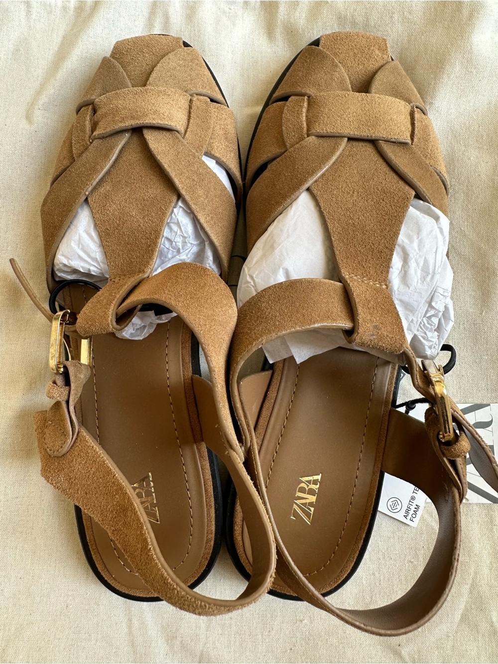 ZARA Tan Suede Woven Fisherman Sandals with Gold Buckle NWT
